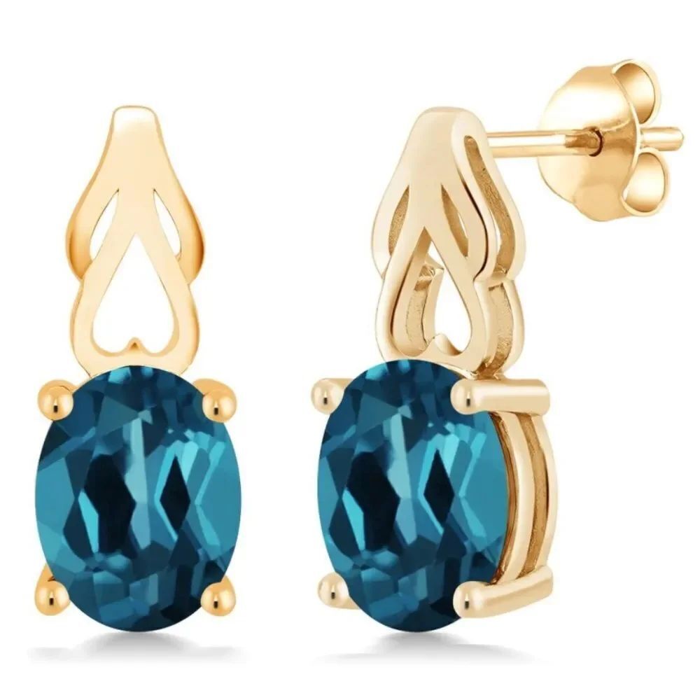 18K Yellow Gold 925 with 3.60Cttw London Blue Topaz Oval Post Back Drop Earrings